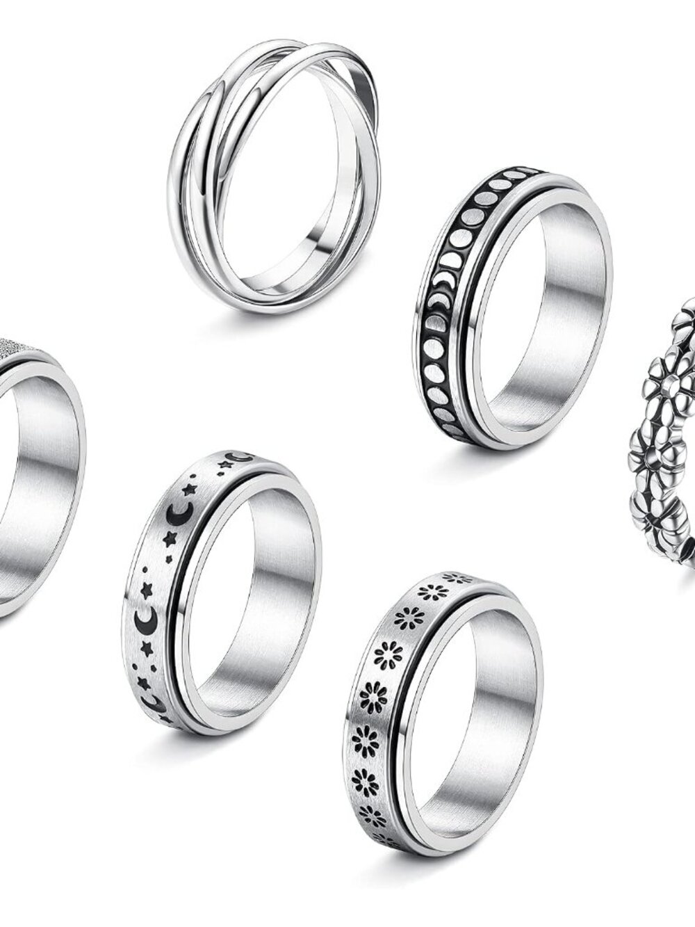 Stainless Steel Fidget Anxiety Ring for Women Men Fidget Spinner Rings Moon Star